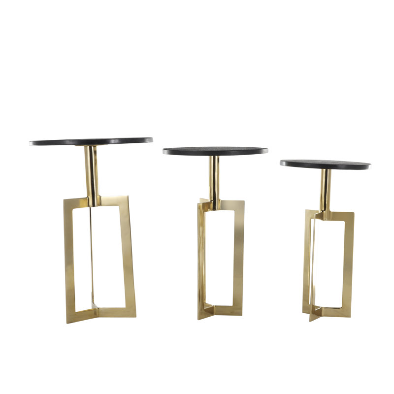 Aldwyche Aluminum Metal Geometric Side End Gold Accent Table with Black Marble Tabletops Set