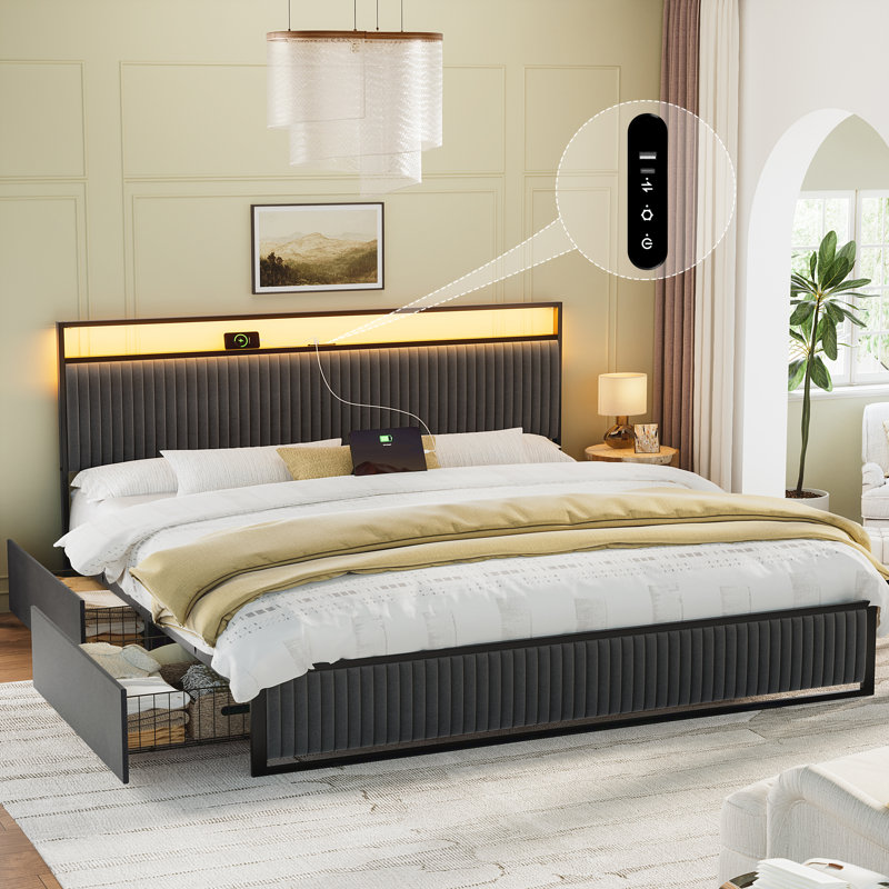 Antioch Upholstered Bed Frame with 2 Storage Drawers, Modern Platform Bed with Charging Station & LED Light, No Spring Box Needed