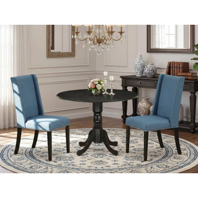 3 Piece Dining Room Table Set Contains a Round Kitchen Table with Dropleaf and 2 Blue Linen Fabric Parsons Dining Chairs, Wirebrushed Black