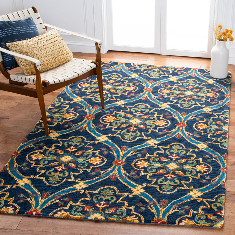 Drihmi Hand Tufted Wool/Cotton Geometric Rug in Green/Navy/Yellow, Rectangle 8' x 10'