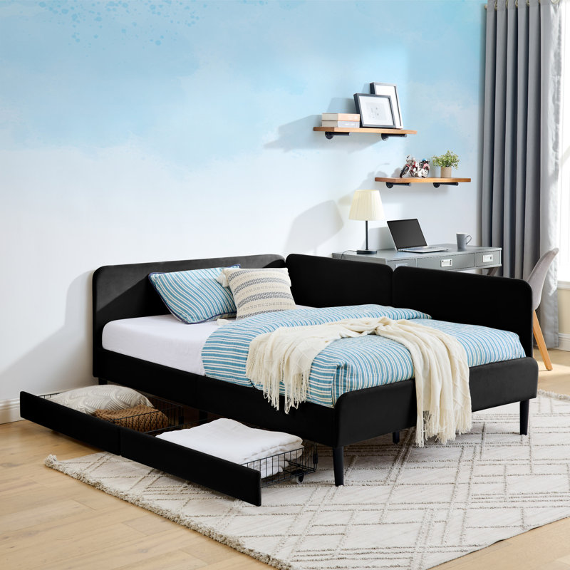 Upholstered Platform Bed Frame With 2 Storage Drawers, Full, Black