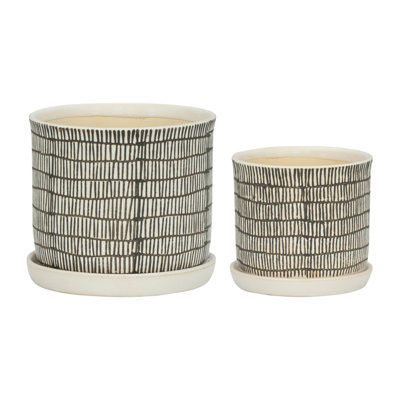Birch Lane™ Regis Set of Two 6"H 6" Diameter/8"H 7.75" Diameter Ivory and Beige Tribal Pattern Ceramic Planters with Saucers for Living Room, Bedroom, or Patio
