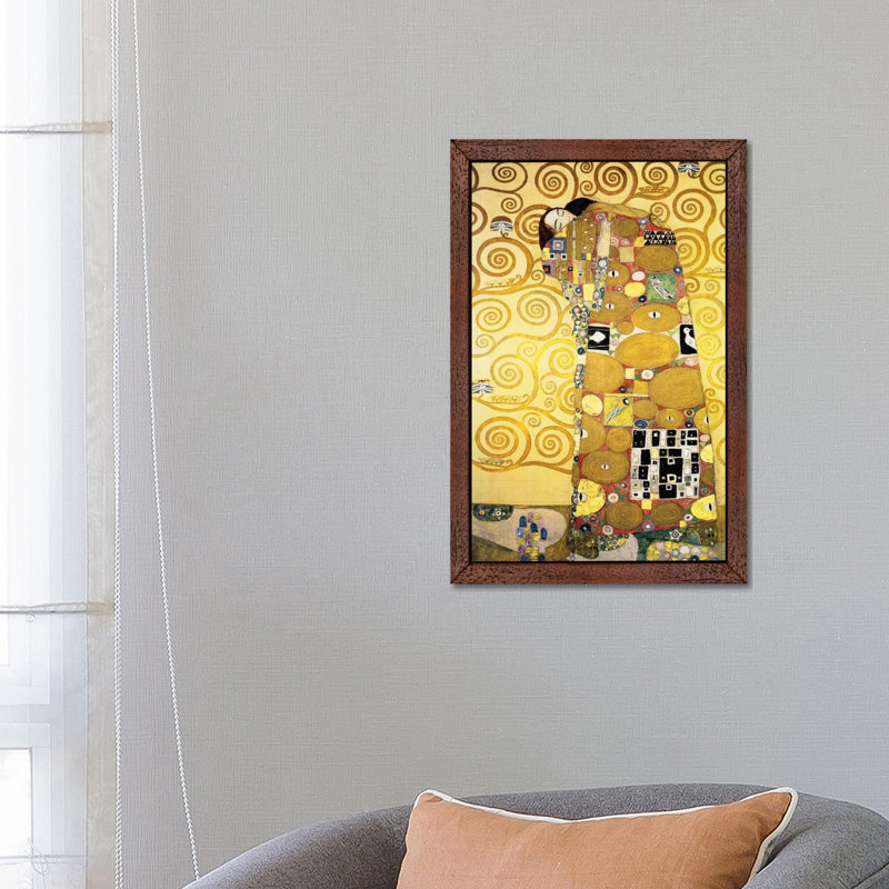 The Embrace Stoclet Frieze Panel 1905-11 by Gustav Klimt - Painting on Canvas, 152.5 cm H x 101.5 cm W, Brown Framed