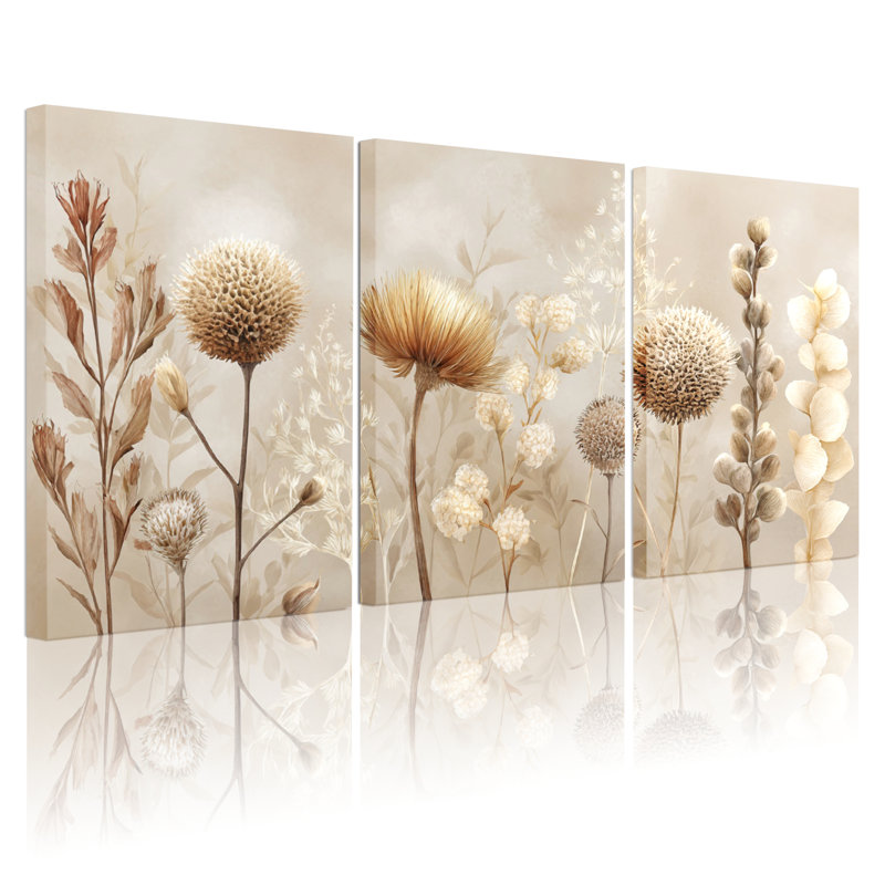 Ensemble de 3 tableaux sur toile tendue, motif de fleurs séchées beiges inspirées par la nature, H 30 po x l 60 po