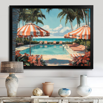 Miami Poolside Palms - Teal Tropical Framed Canvas Art Print