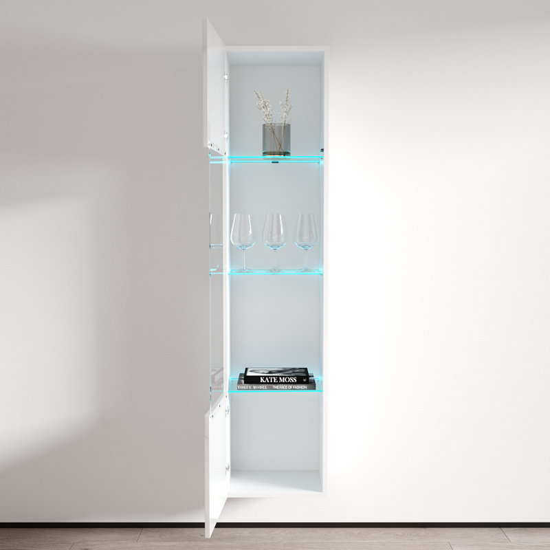 Fly 15.75" Floating Bookcase with 16-Color LED Lighting, High Gloss Finish, White