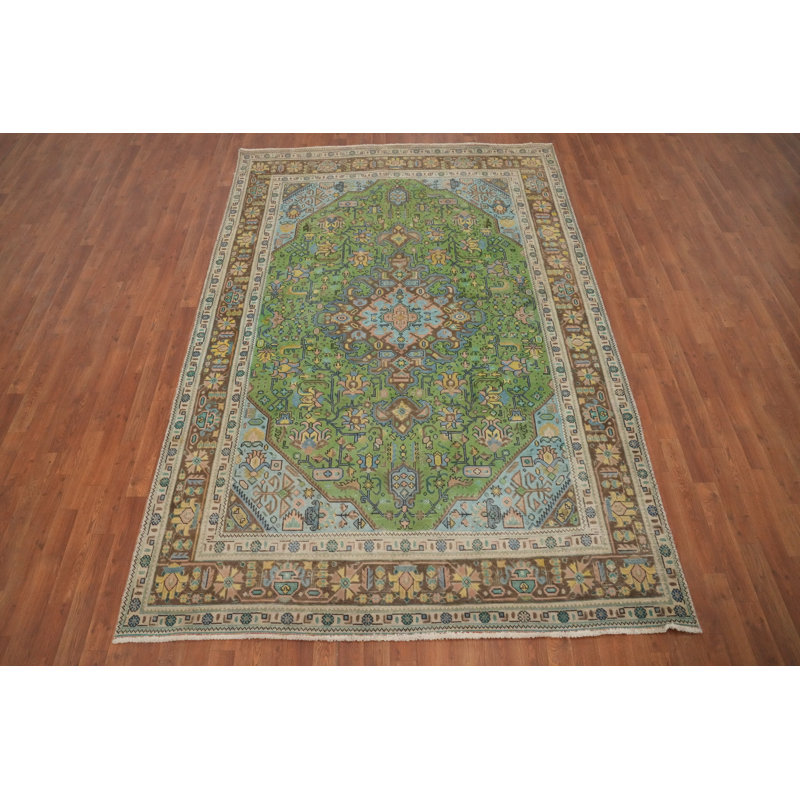 Tapis traditionnel rétro en laine vert 6 x 9