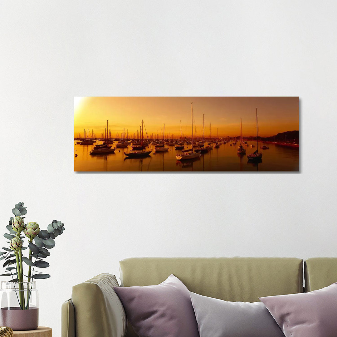 Boats Moored At A Harbor At Dusk, Chicago River, Chicago - Wrapped Canvas Panoramic Print