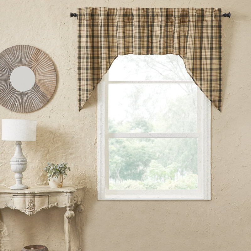 Classic Khaki Tan and Forest Green Cotton Plaid Window Valance