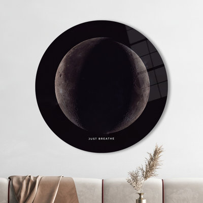Black Tempered Glass Art Featuring Full Moon Landscape Theme With Just Breathe Motif For Contemporary Home Decor