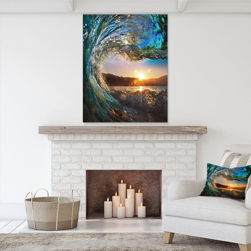 Vagues de l'océan colorées tombant vers le bas - art mural moderne en métal brillant bord de mer, H 32 po x l 16 po x P 1 po