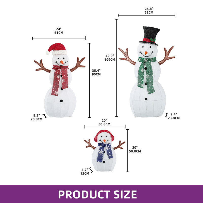 Décorations de Noël bonhomme de neige scintillantes en tissu, bonhomme de neige illuminé 3D avec 200 lumières DEL et attaches à fermeture éclair