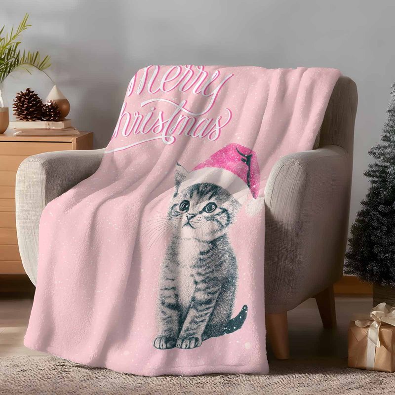 Plaid polaire léger avec motif chat rouge et bonnet de Noël rose, en flanelle douce et moelleuse, idéal pour canapé, lit et voyages (152 x 127 cm). Un sac fourre-tout en toile avec motif chat et bonnet de Noël vous est offert.