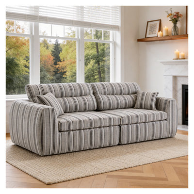 Modern Striped Bouclé Sofa, 3-Seater Compressed Sponge Couch with Pillows for Living Room & Small Spaces