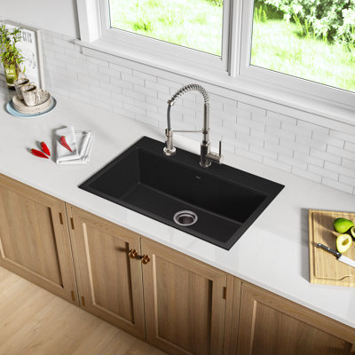 KRAUS 31 inch L Dual Mount Single Bowl Granite Kitchen Sink w/ Topmount and Undermount Installation in Black Onyx