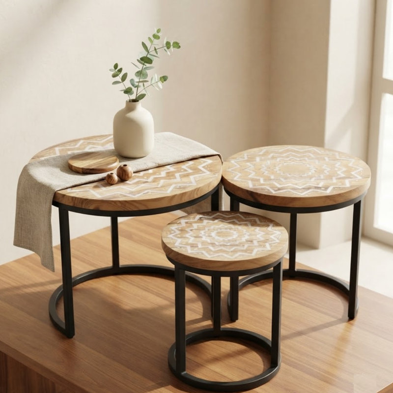 Stylish Acacia Wood Nest of 3 End Tables - Y-Shaped Metal Base Natural Finish Nesting Side Tables for Living Room Home Decor