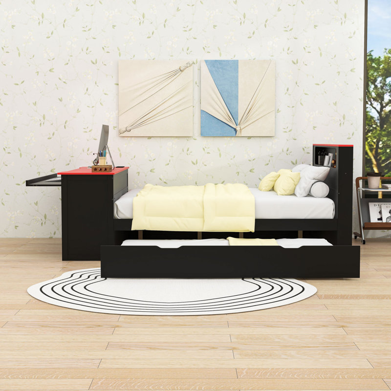 Lit plateforme en bois avec lit gigogne simple, bureau, tête de lit à DEL RVB contrôlée par l'application et station de charge