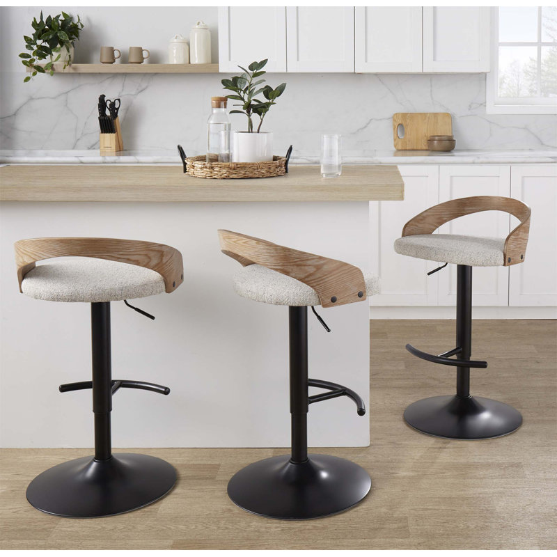 Adjustable Barstool Set of 3 with Swivel, Metal Base, Washed Wood, and Oat Fabric for Modern Interiors, White/Black