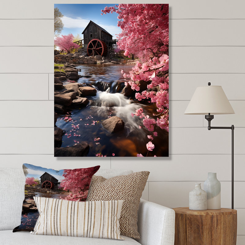 «Maigo Pink Brown Mill In Spring», reproduction sur toile, H 44 po x l 34 po x P 1,5 po, Toile tendue