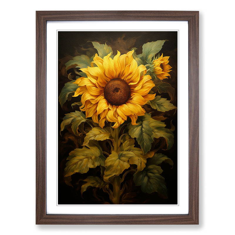 XYZ-FRM-V1223-1596 Sunflower Classicism - Single Picture Frame Print on Wood, 46cm H x 34cm W x 2cm D, Walnut