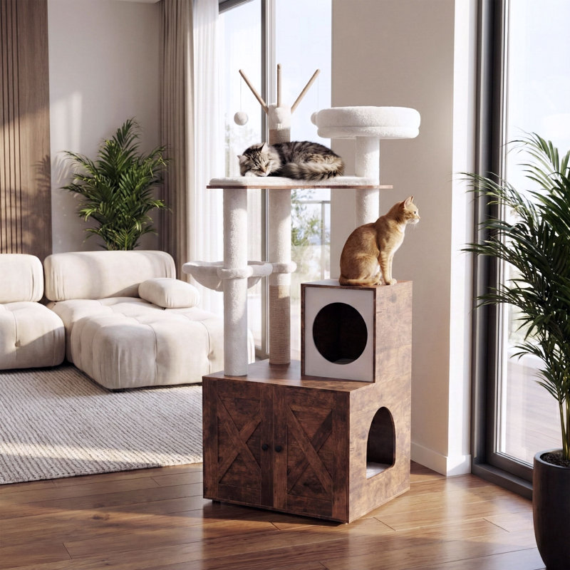 Arbre à chat avec bac à litière intégré, tour à chat de 145 cm de haut avec armoire de rangement, niche pour chat, hamac, griffoir en sisal, perchoirs moelleux et 3 jouets suspendus, marron vintage et blanc