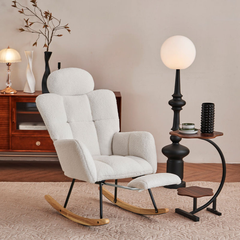 Chaise berçante rembourrée en tissu avec coussin et repose-pieds Teddy, Ivoire ivoire