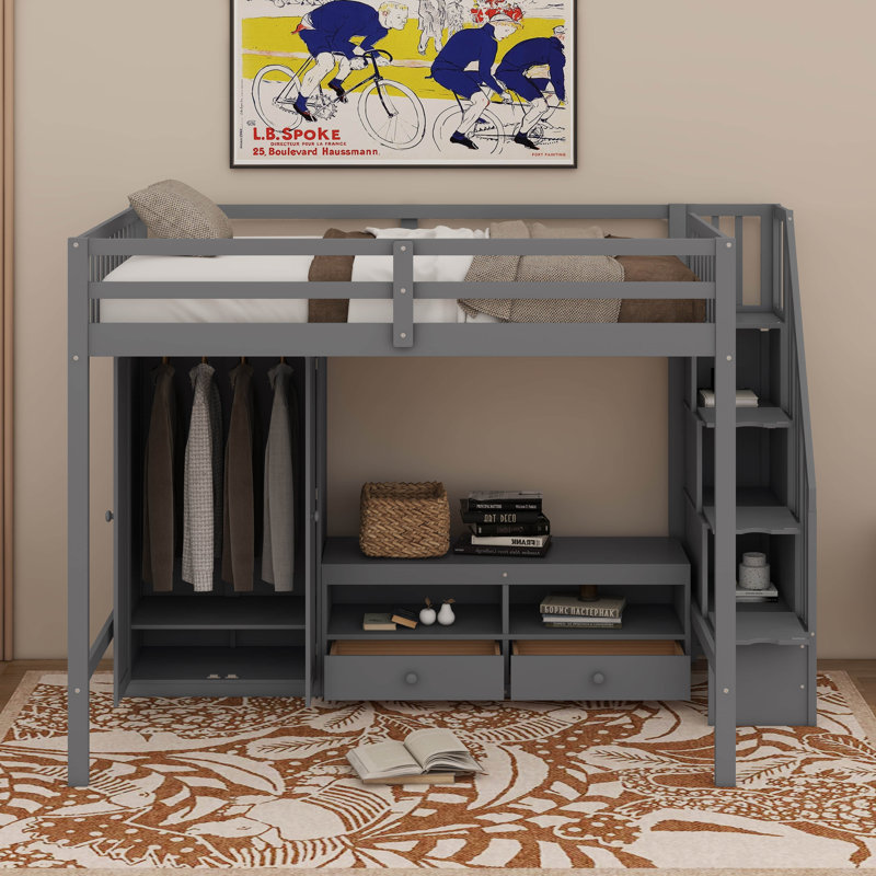 Structure de lit double pleine grandeur avec table de rangement basse, garde-robe et escalier de rangement, Grey