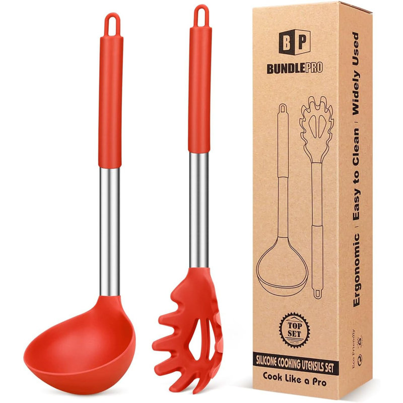 Ensemble de cuillères et fourchettes à pâtes en silicone, grands ustensiles de cuisine antiadhésifs pour la cuisson, le brassage, le service des spaghettis, la soupe, la sauce (BLANC)