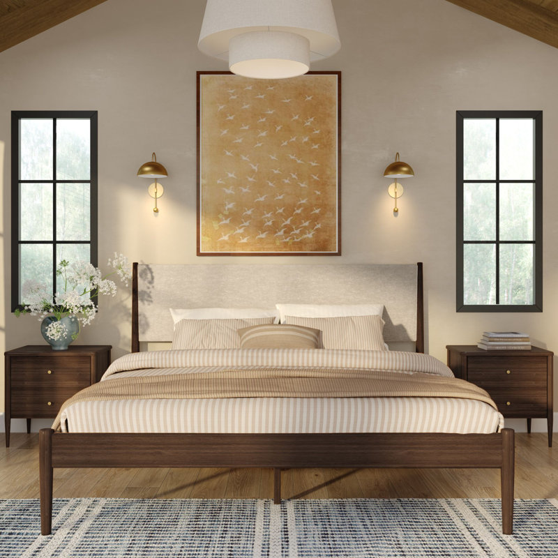 Harbor King Bed with Upholstered Headboard, Walnut/Swiss Coffee, Walnut, King