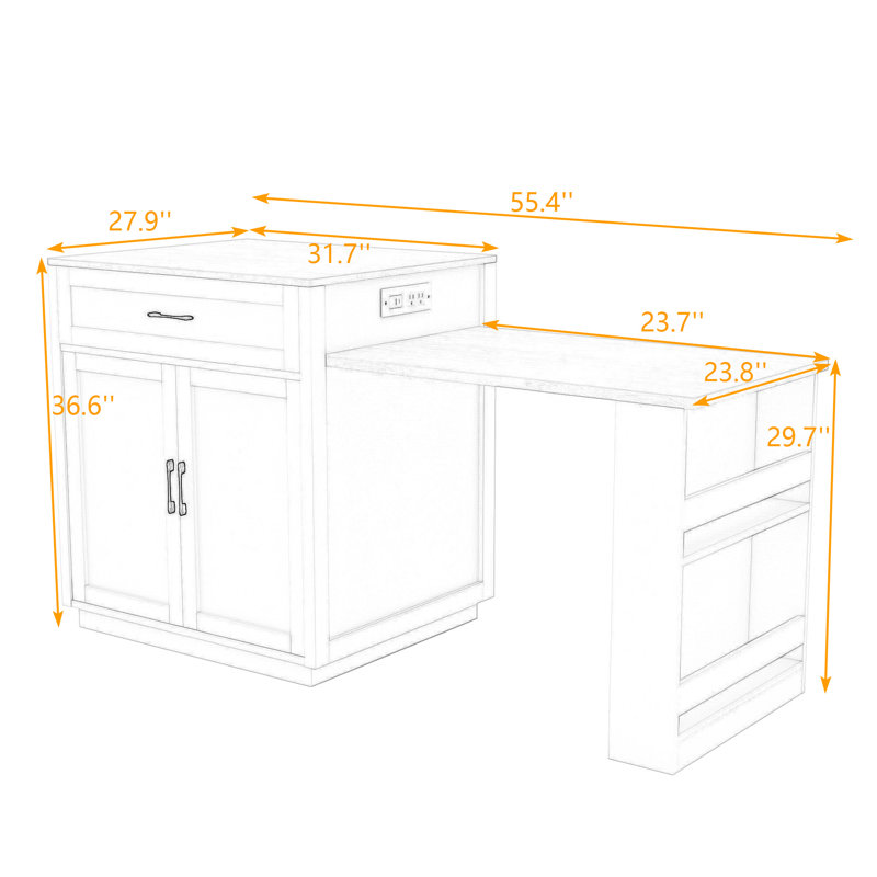 Kitchen Island with Extendable Dining Table, Built-in Charging Station and Lockable Wheels, White