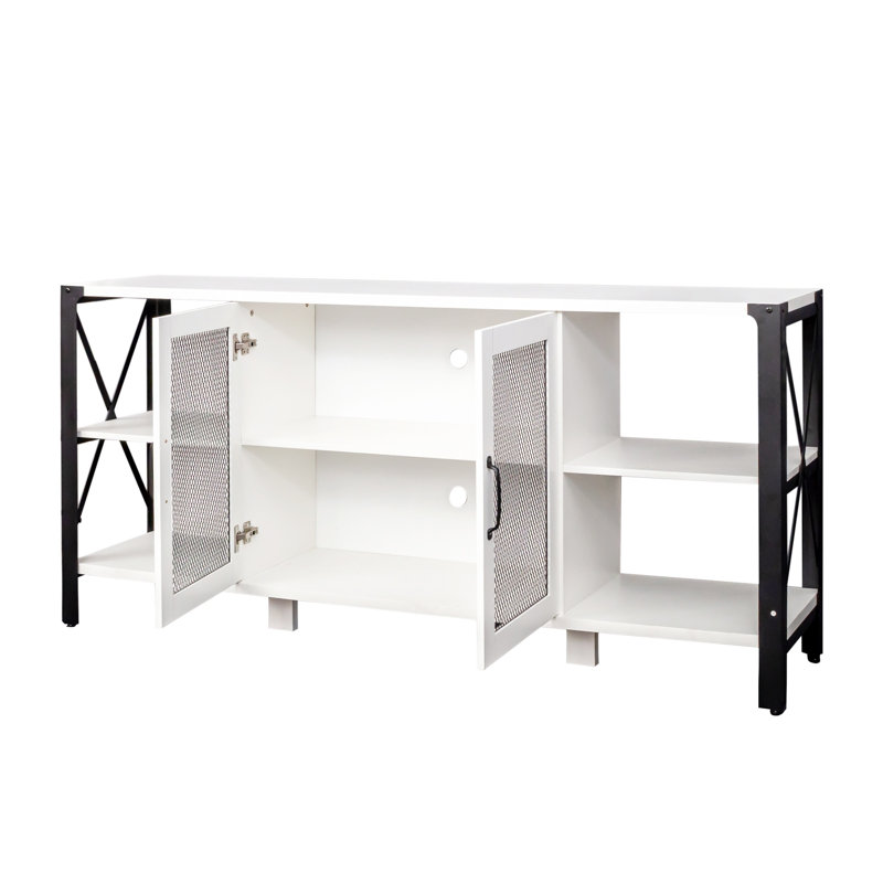 Industrial TV Stand for Living Room & Bedroom, Farmhouse 80 Inch Wood and Metal Media Console with Open Shelves, White