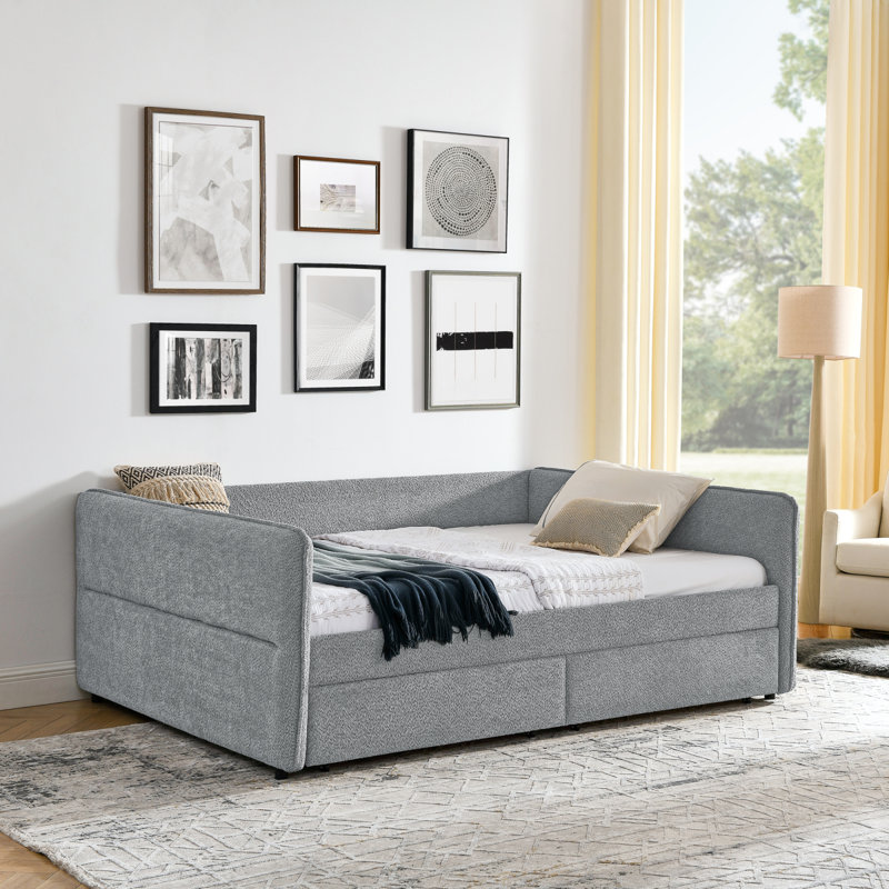 Lit de jour avec couchette rembourrée et capitonnée, avec deux tiroirs, grand lit, tissu Boucle, gris (88 po x 65,5 po x 29,5 po)