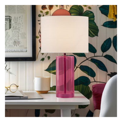 Pink Glass Table Lamp with Matching Metal Base - Decorative LED Table Lamp for Bedroom Living Room, Includes 9W LED Bulb