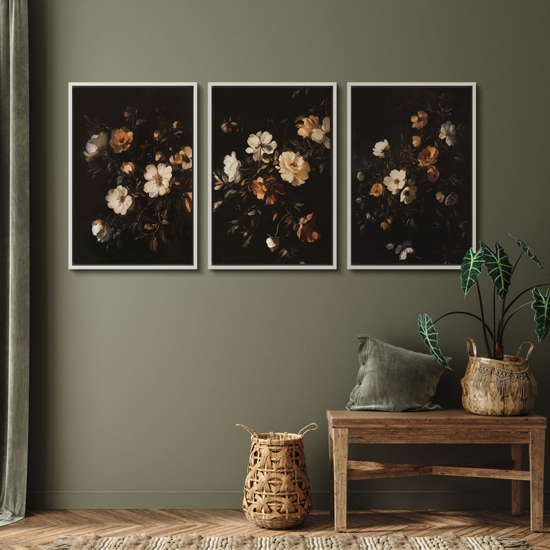 Vintage Floral Canvas Wall Art Set, Dark Botanical Framed Art Prints for Classic Bedroom or Elegant Living Room Gallery Wall Decor