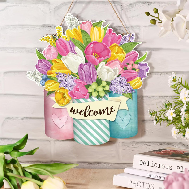 Décoration florale de porte d'entrée pour porte de porte en bois à suspendre au printemps