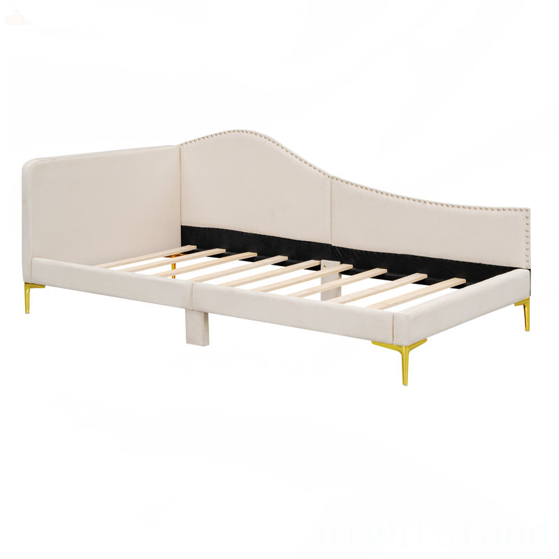 Twin Size Upholstered Daybed With Headboard And Armrest, Beige, Twin
