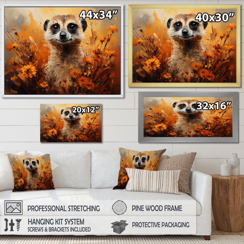 Suricate brun, prairie florale III - art mural Meercat, Cadre d'angle fermé noir, H 20 po x l 12 po x P 1 po