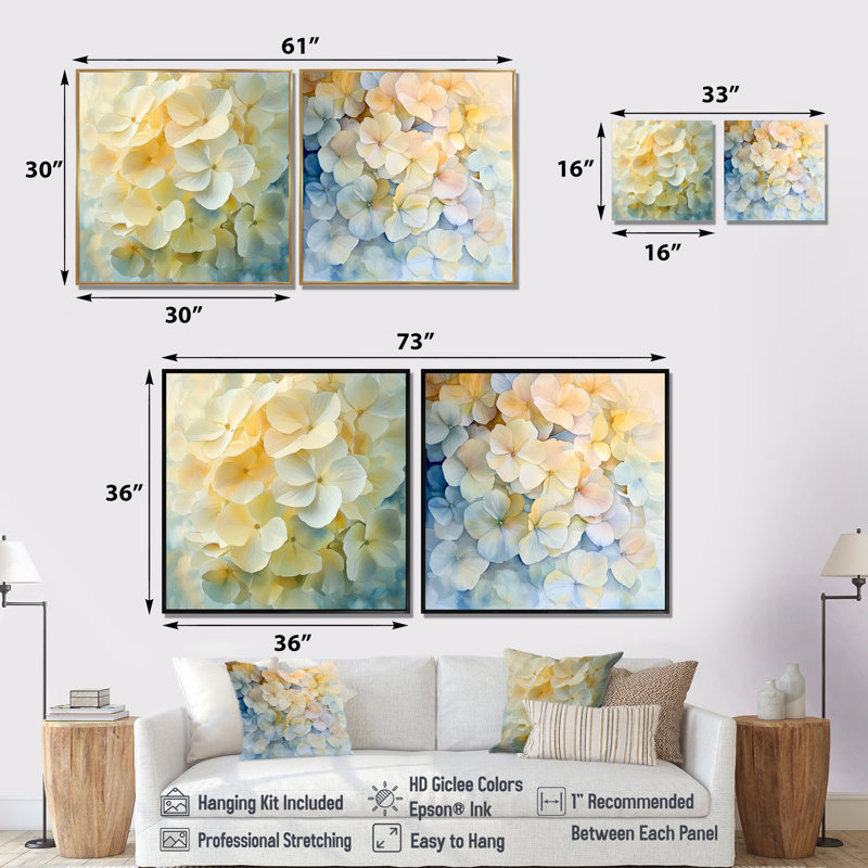 Hortensia en flou artistique de l'été I - art mural hortensia - ensemble de 2 décorations murales traditionnelles