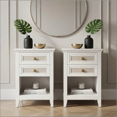 Set of 2 - 17.7 Inch Wide White Rattan Nightstands with 2 Drawers, Boho 27 Inch Tall Bedside Tables for Small Spaces & Bedrooms