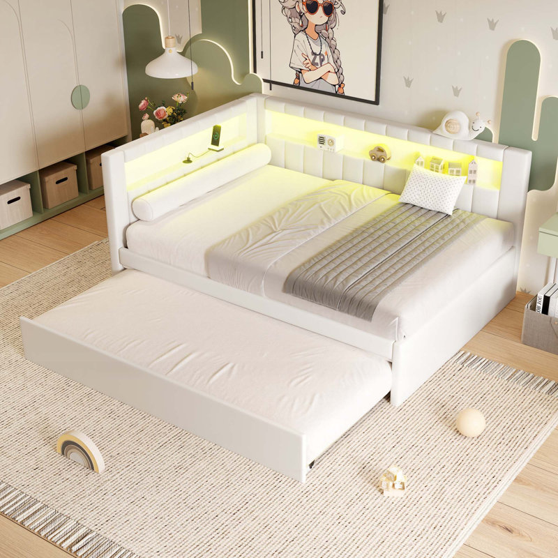 Upholstered Platform Bed with USB Ports and LED Belt, With Trundle, Pink, Twin
