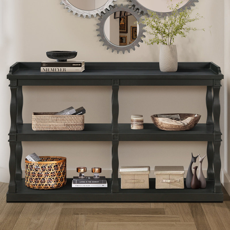 Console avec espaces de rangement ouverts à 3 niveaux et pieds de soutien à colonne romaine, Noir