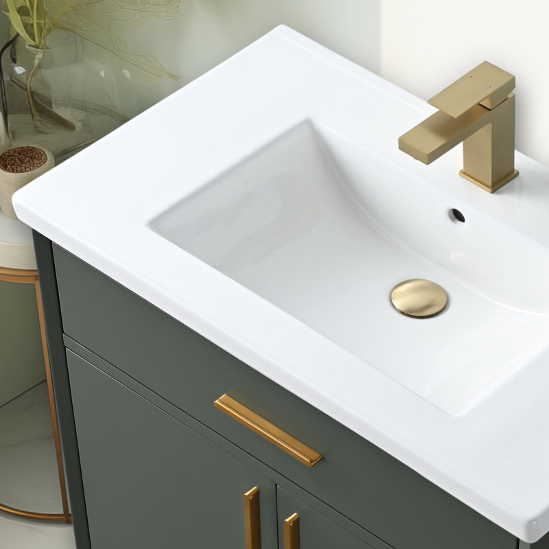 Meuble-lavabo simple 30 po avec plateau en céramique Lalena, Vert rétro / bronze brossé