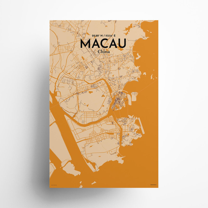 Macau, carte de la ville, impression, H 17 po x l 11 po, Orange / or pâle
