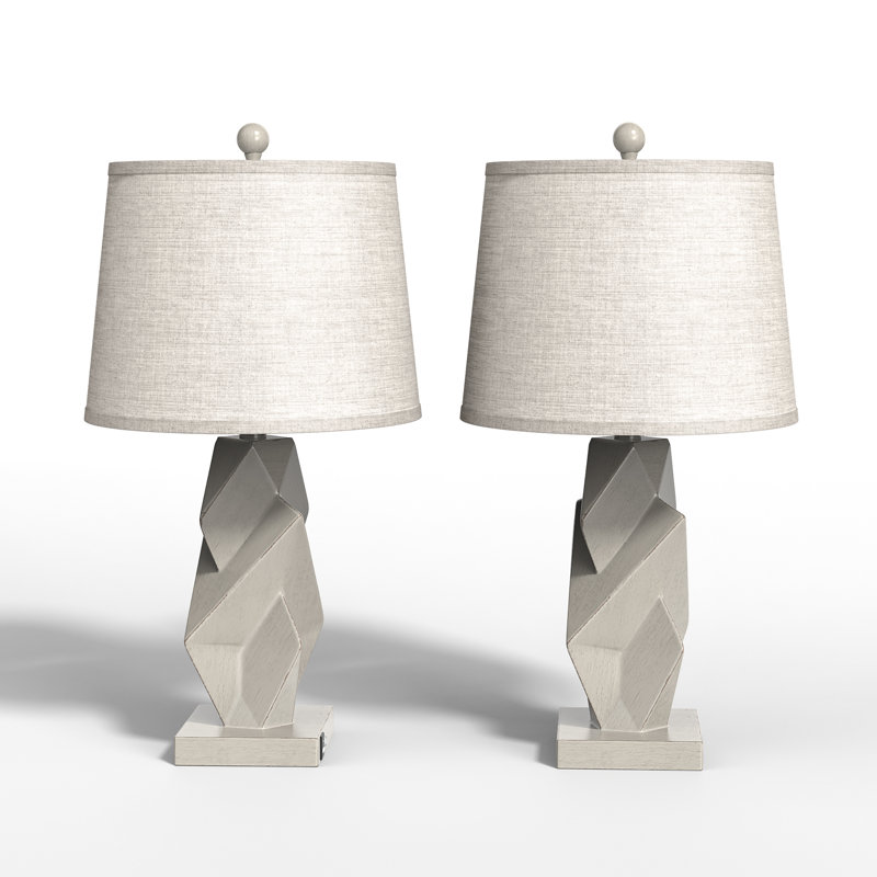 Ensemble de lampe de table de table de chevet 24,5 "en résine à intensité variable gris pour chambre à coucher avec forme de tambour en lin et protection USB