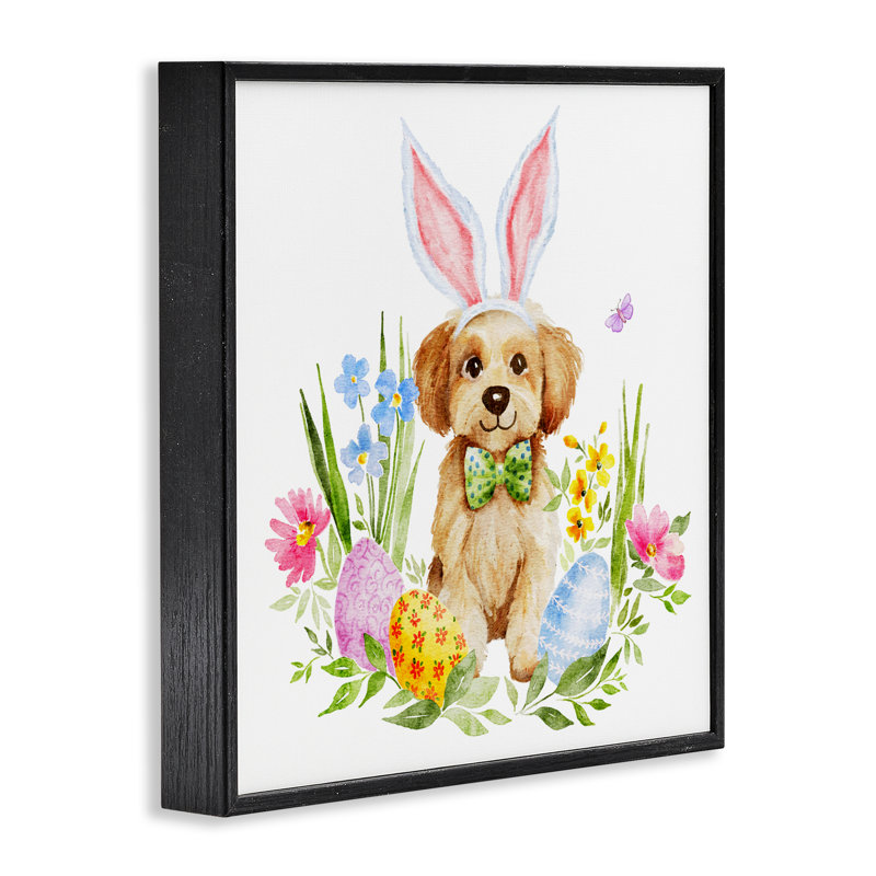 Chiot de Pâques ludique, estampe numérique, design par Amy Hall, Giclée encadrée noir minuit, H 12 po x l 12 po