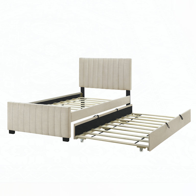 Velvet Upholstered Platform Bed with Trundle, Beige, Full/Double