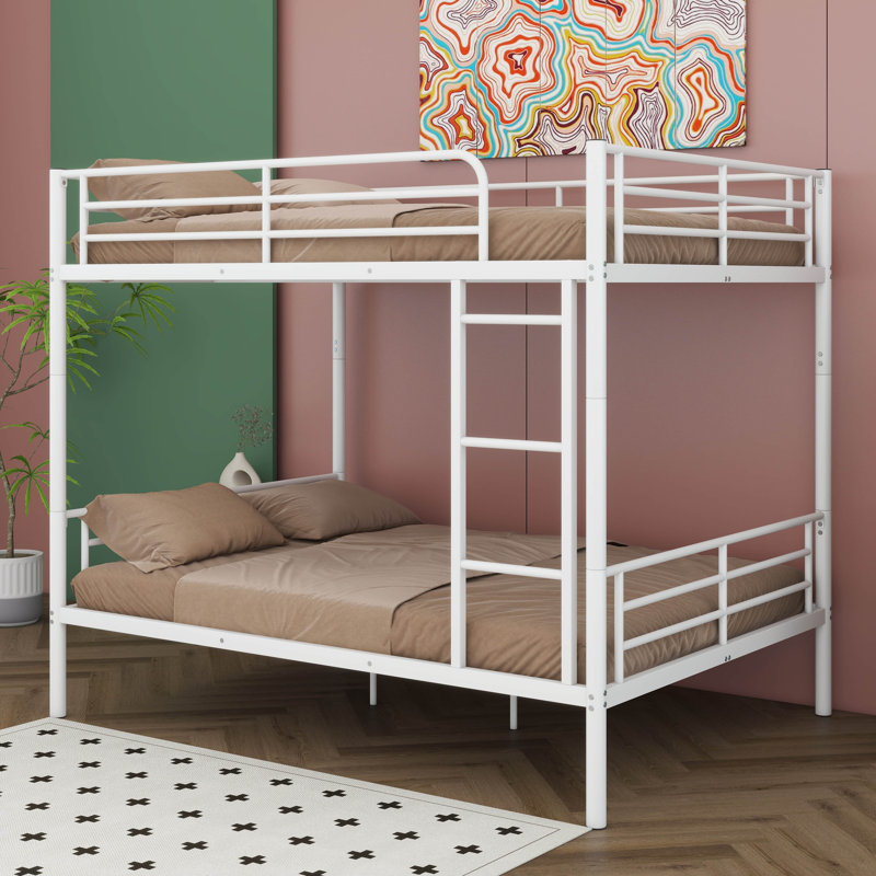 Full Over Full Metal Bunk Bed, Metal Bunk Bed Frame With Ladder And Guardlails, Split Into 2 Beds, White