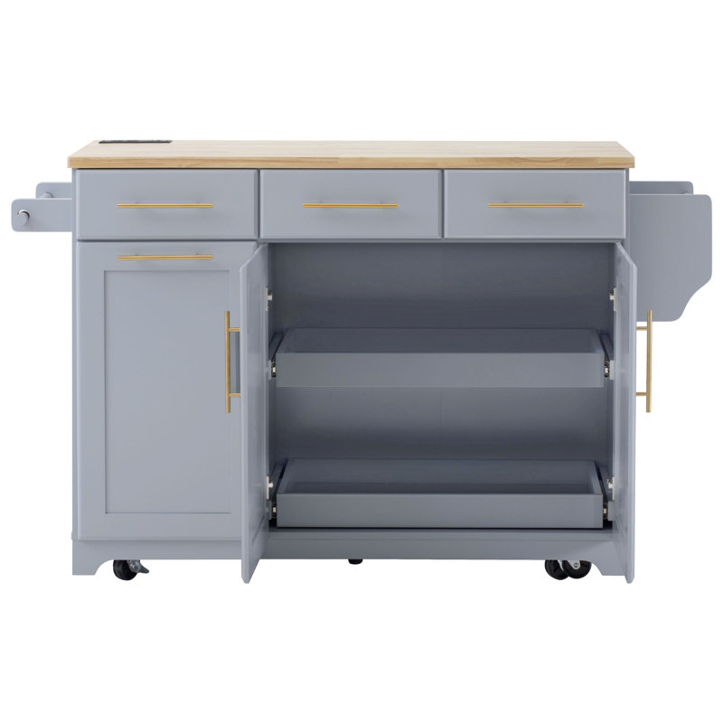 59" Wide Rolling Kitchen Island with Solid Wood Drop Leaf, Built-in Outlets & Pull-Out Trash Can Cabinet, Blue Gray