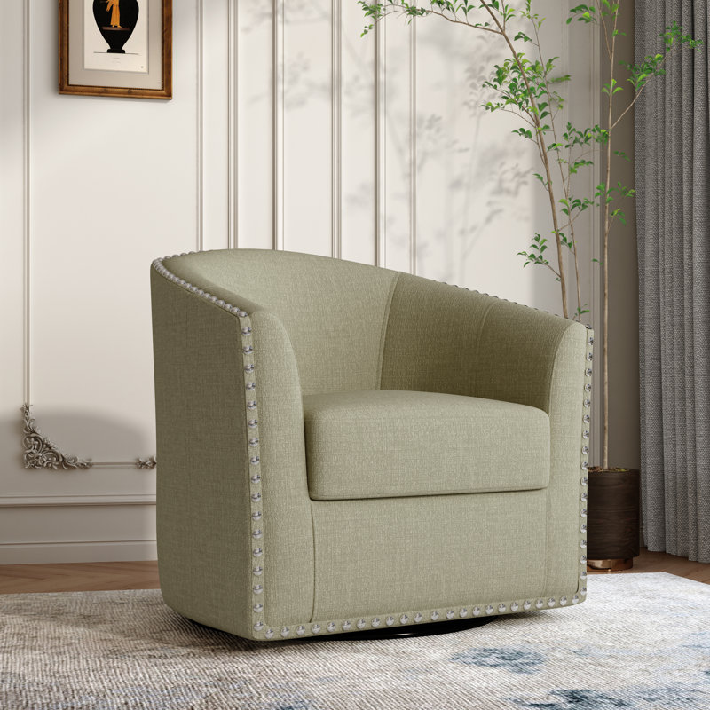 Aunna Nailhead Swivel Barrel Chair, Light Camel Polyester Blend
