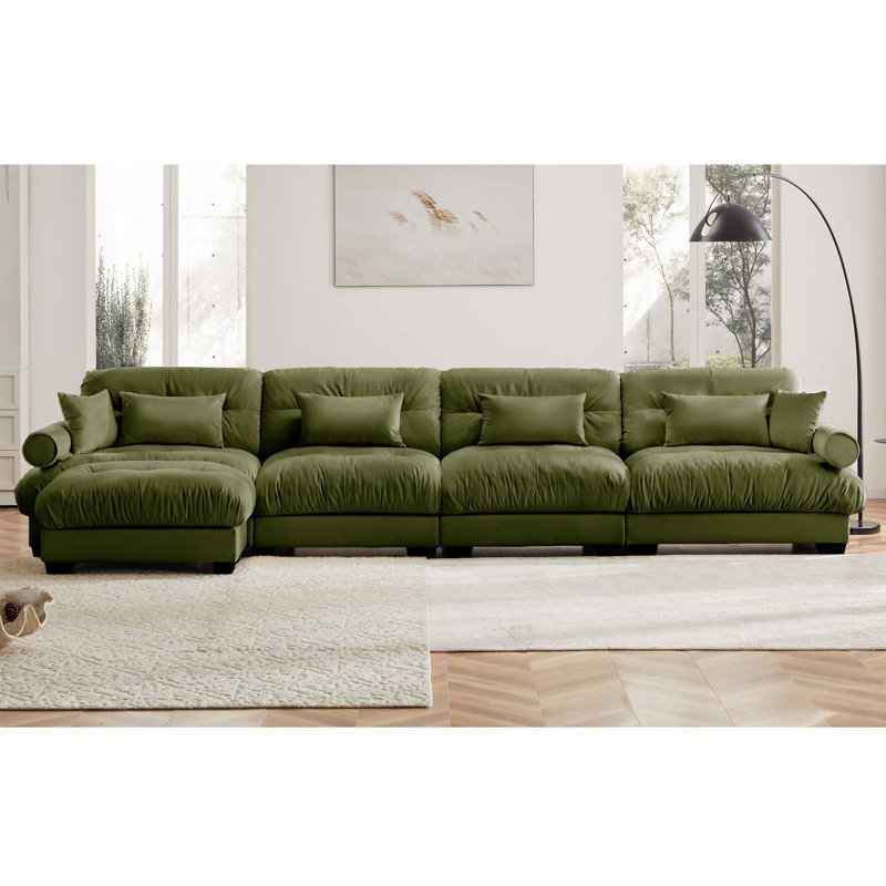 Santana Fabric Upholstered 3-Seater L-Shape Sofa, 33.4" H x 166" W x 37" D Incorrect, Olive Green Velvet